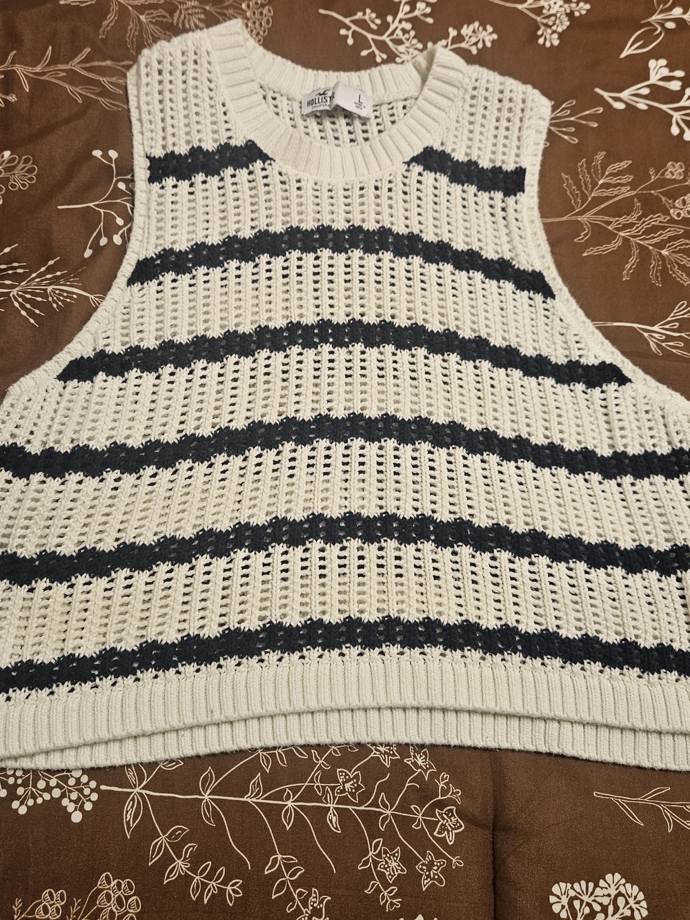 Hollister Cream Open-Knit Sleeveless Sweater with Navy Stripes
